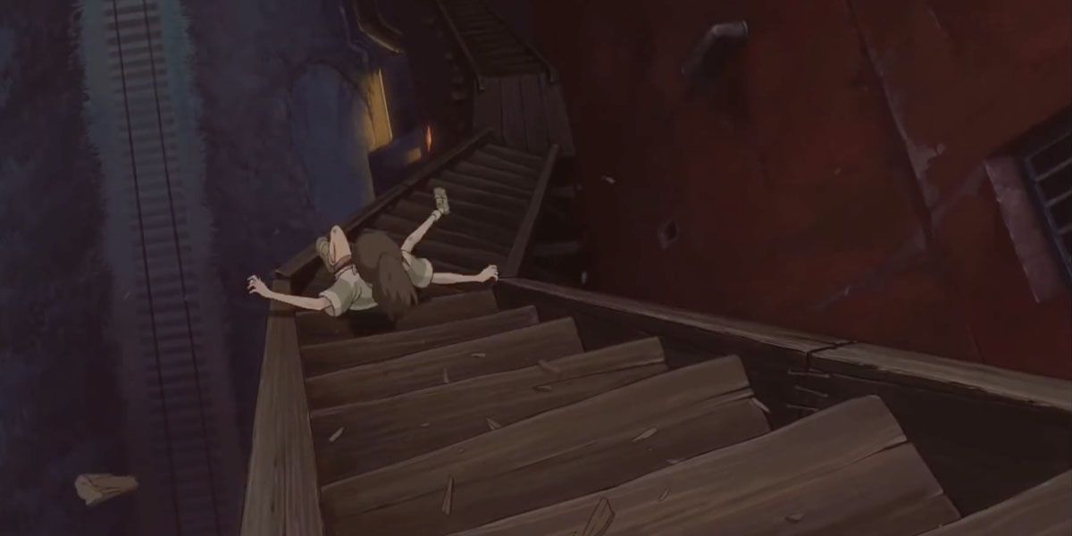 Chihiro falls down the stairs