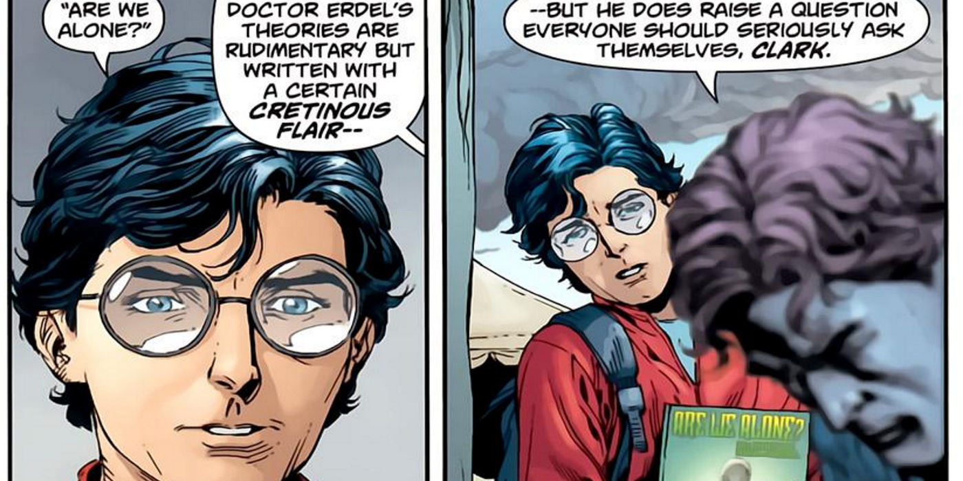two comic panels of clark kent and a white male friend talking with text bubbles over their heads