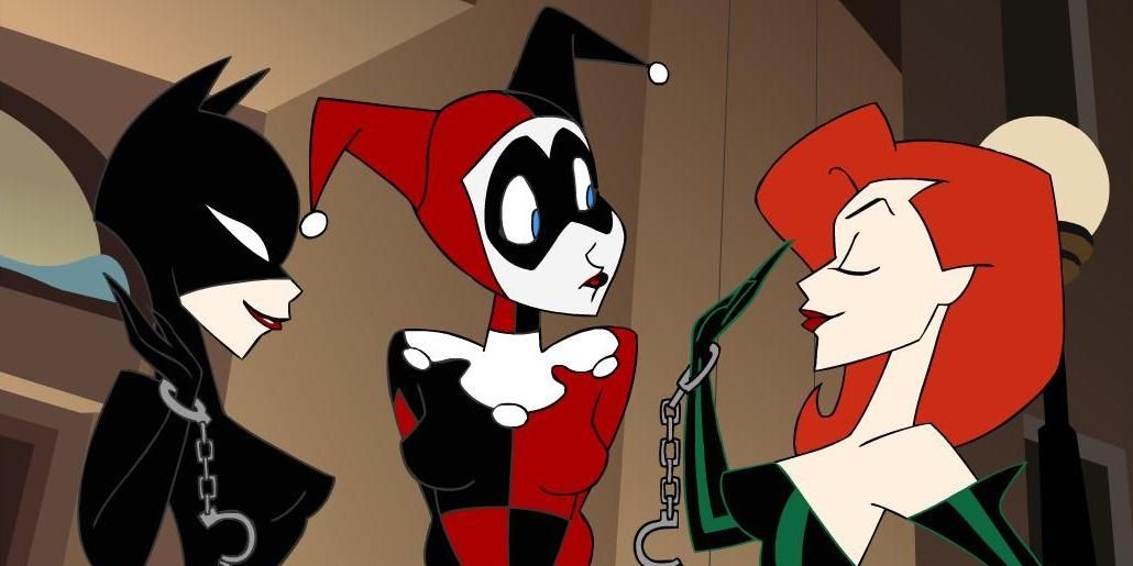 dc dcau gotham girls catwoman highfiving poison ivy while harley quinn watches
