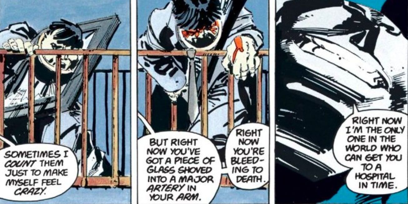 Batman smiling sadistically while questioning a badly wounded criminal in The Dark Knight Strikes Again