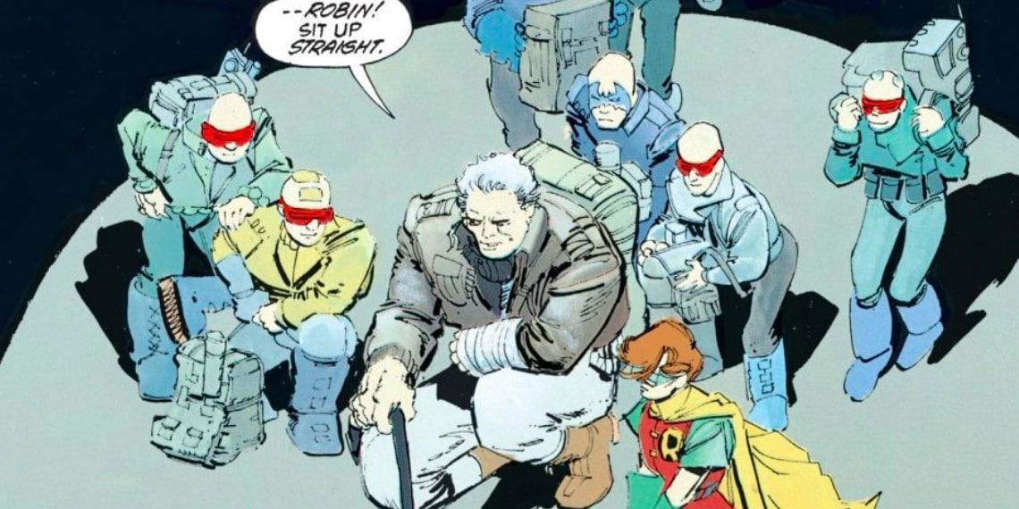 Bruce Wayne and Robin (Carrie Kelley) with Mutant Gang and Sons of Batman members in Batman: The Dark Knight Returns