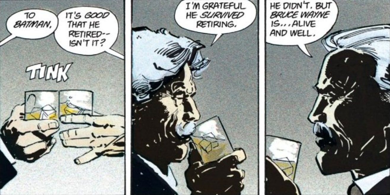 Bruce Wayne and Commissioner Jim Gordon toast to Batman's retirement in The Dark Knight Returns
