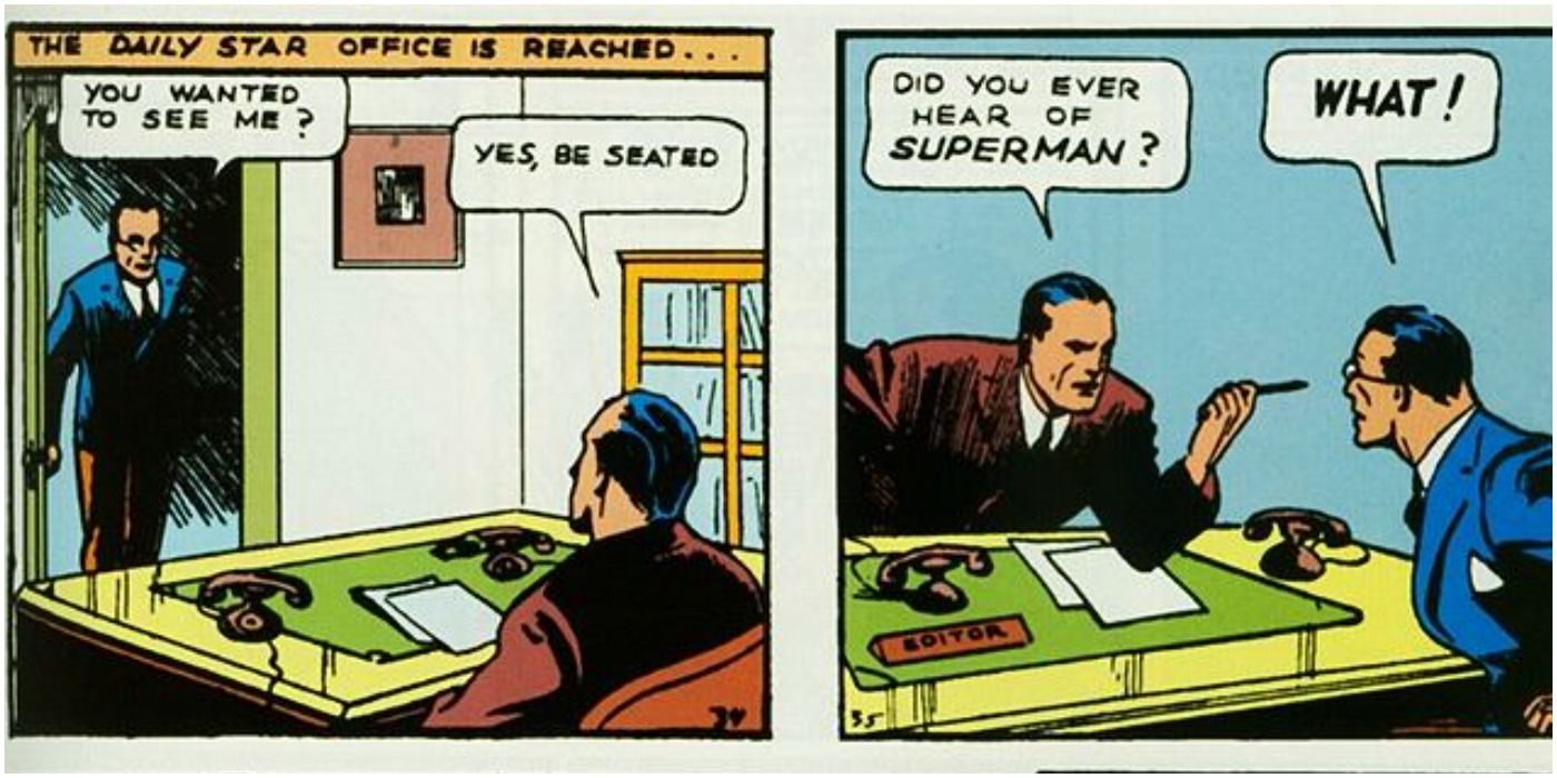Clark Kent and his editor in the Daily Star's offices in Action Comics