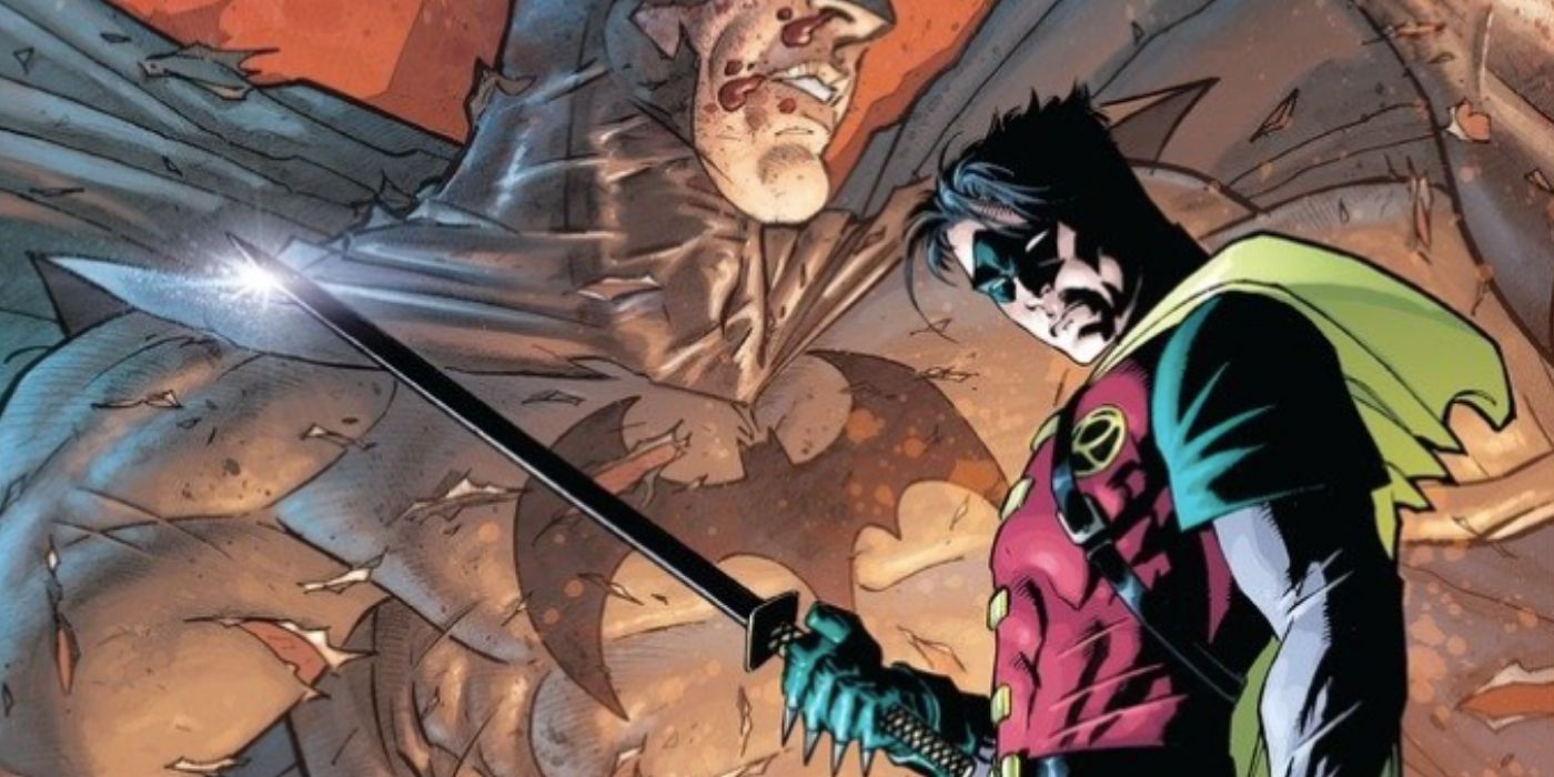 Damian Wayne segura uma espada com Batman ao fundo.