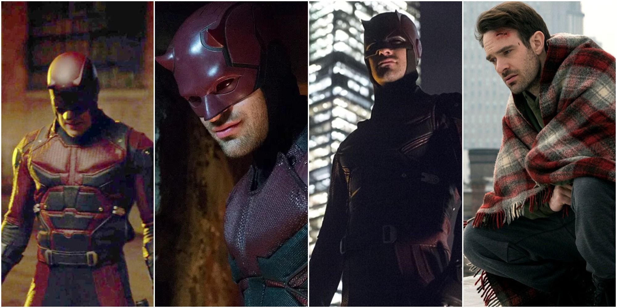 a collage of four images of daredevil, three in uniform and mask and one in just a blanket, maskless