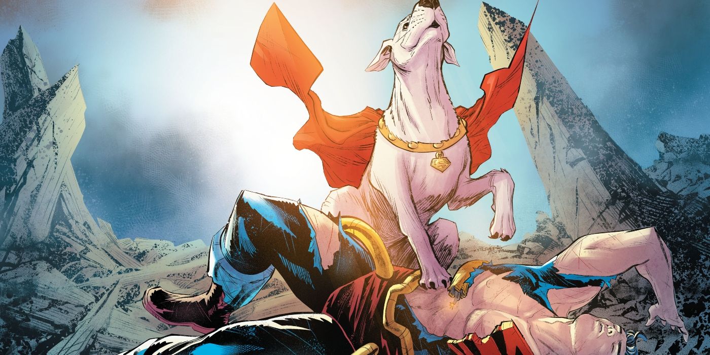 Krypto The Superdog stands over a fallen Superboy