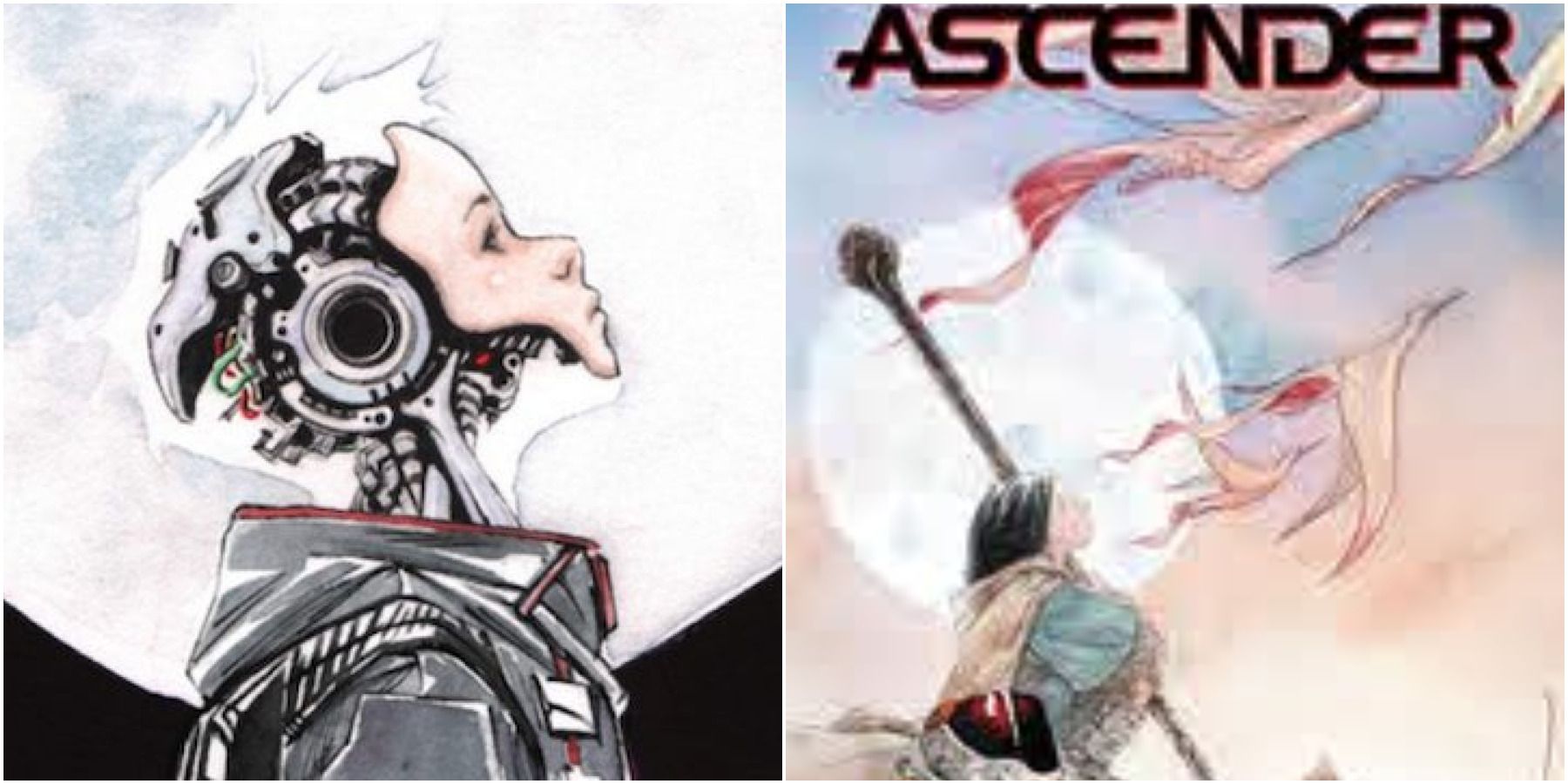 A split image of Descender and Ascender from Image Comics