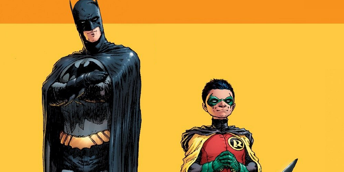 batman and robin standing together against a yellow backdrop