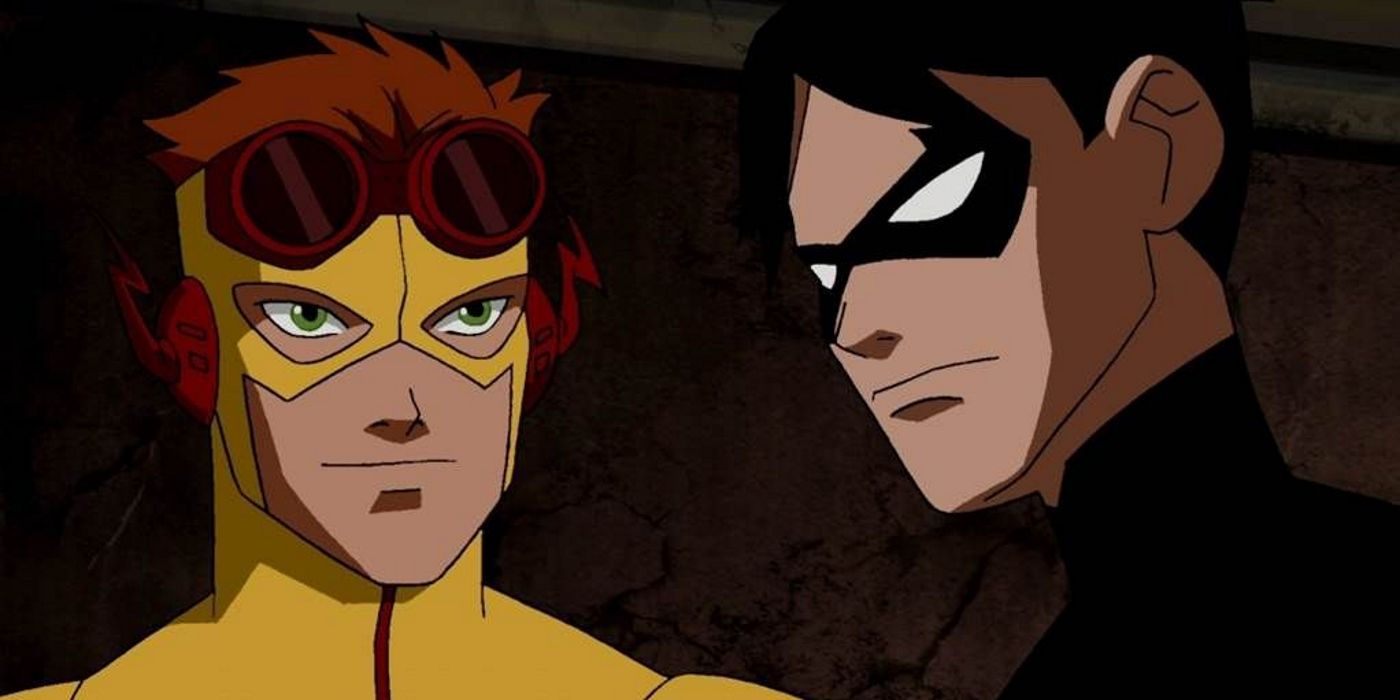 wally west in yellow suit looking at masked dick grayson robin