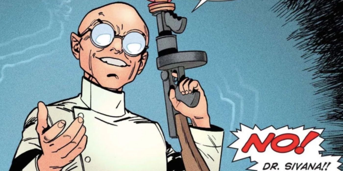 Captain Marvel 's enemy Doctor Sivna smiles while holding a gun in DC Comics