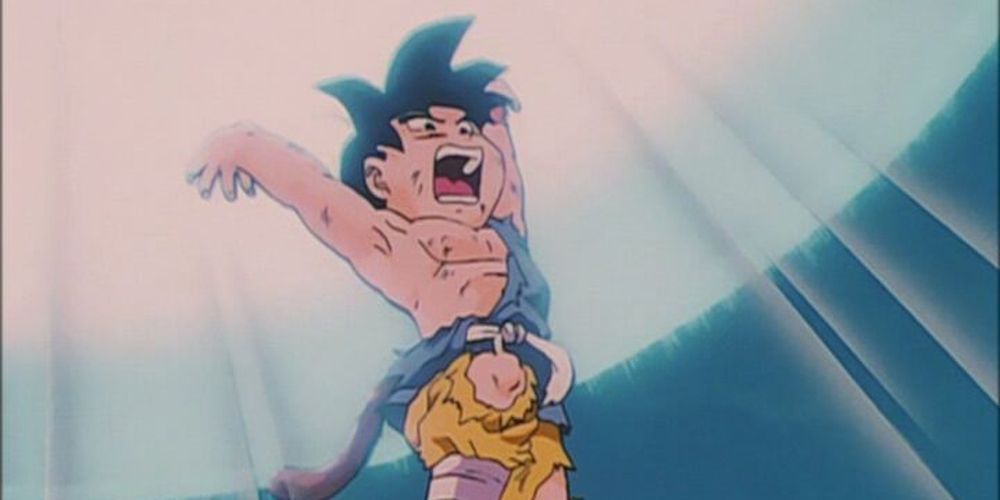 Goku prepares to release his Super Ultra Spirit Bomb on Omega Shenron in Dragon Ball GT.