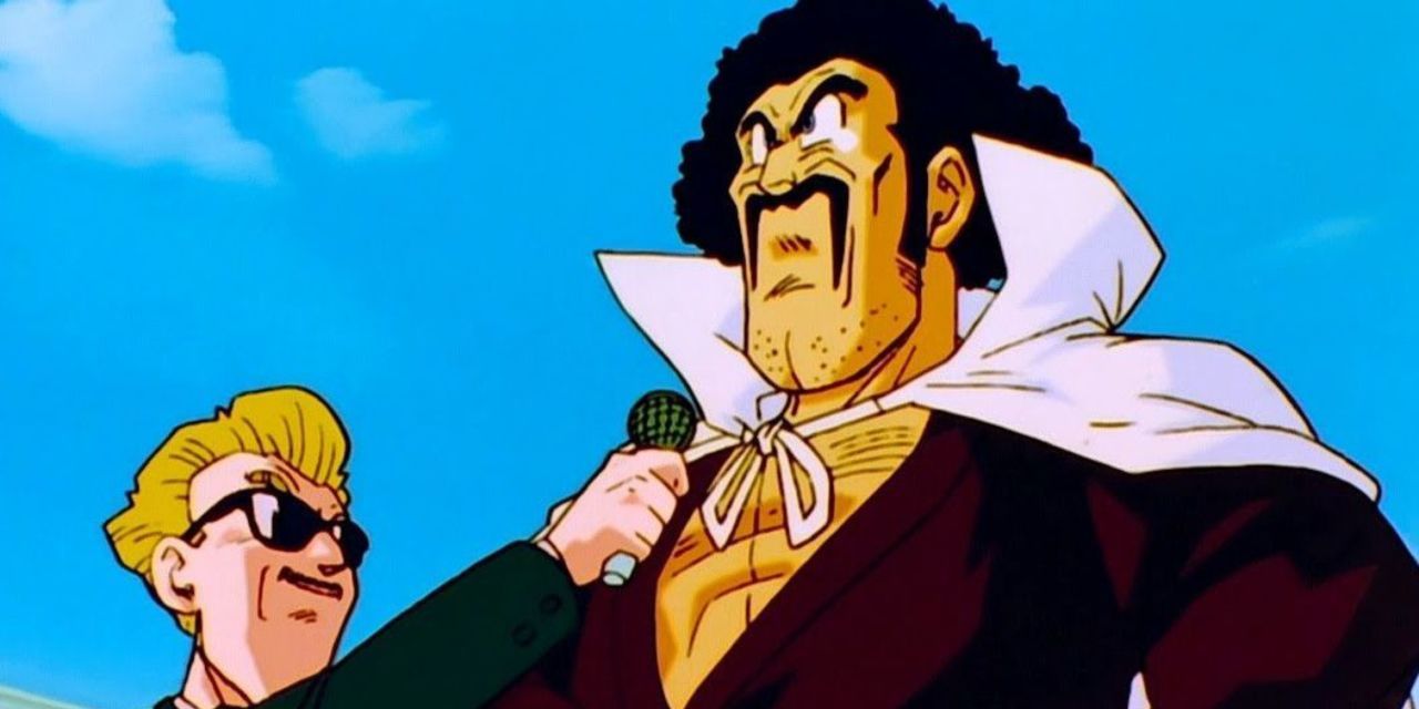 Hercule Satan speaking into a mic at the Cell Games Tournament in DBZ