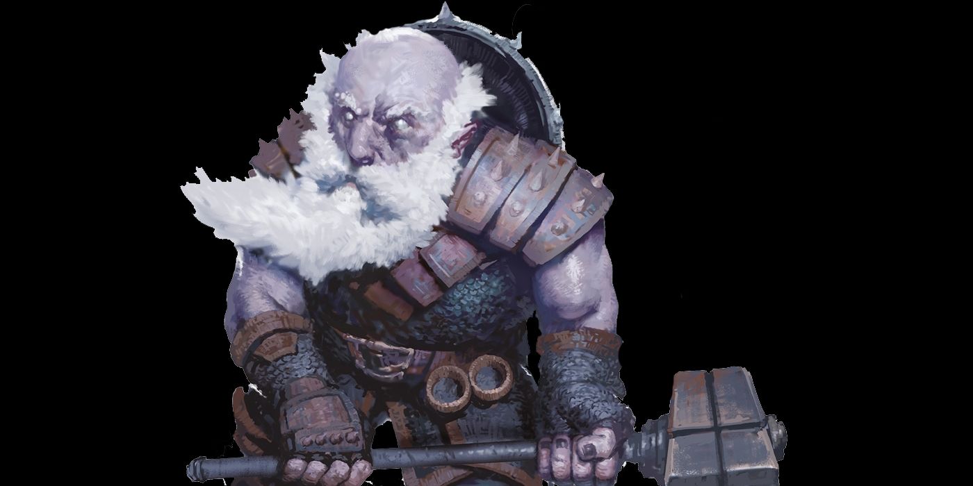 A dwarven miner with a snow-white beard and purple-hued skin carrying a stone hammer
