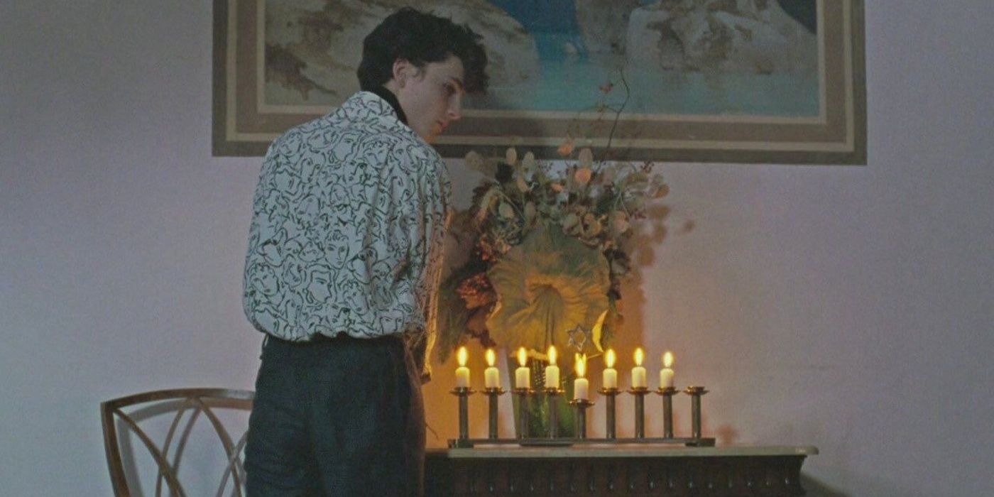 Elio In Front Of Menorah In Call Me By Your Name