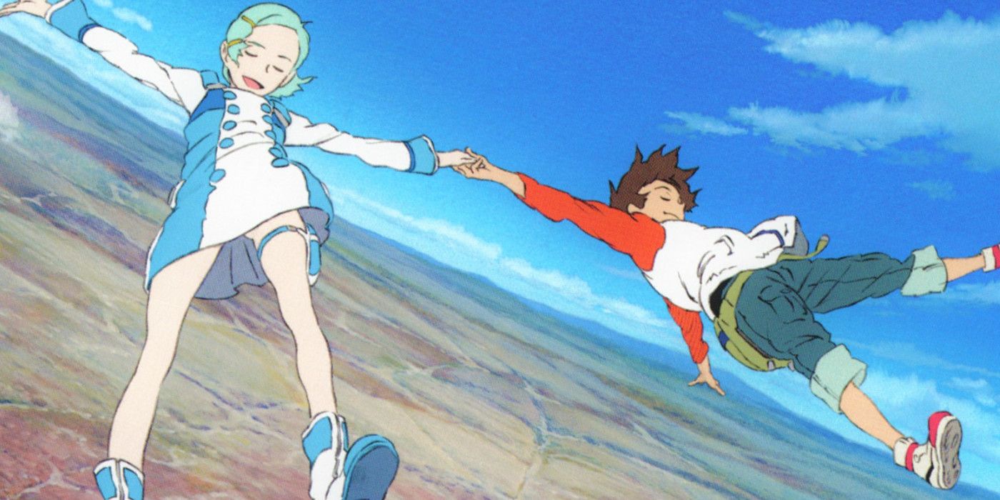 Renton Thurston and Eureka from Eureka Seven falling in the sky while holding hands