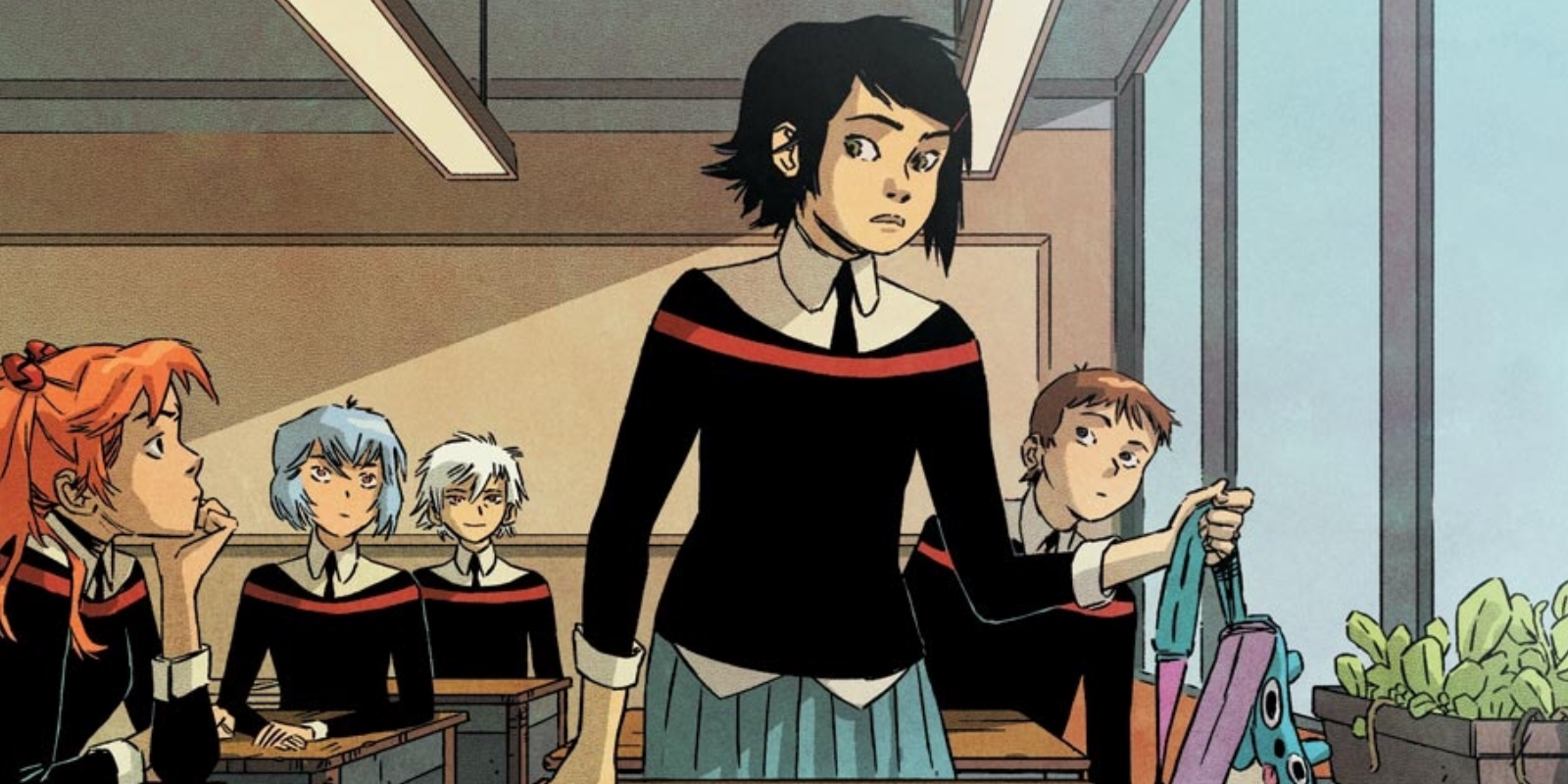 Peni Parker parada em uma sala de aula com alunos em Edge of Spider-Verse