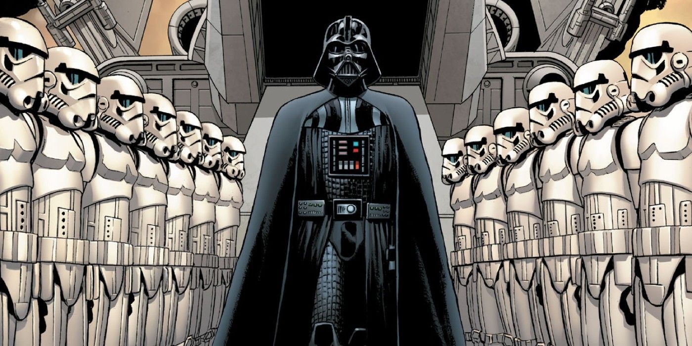 Darth Vader surrounded by Stormtroopers in a Comic