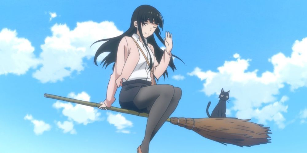 A girl and cat on a broom stick in Flying Witch.