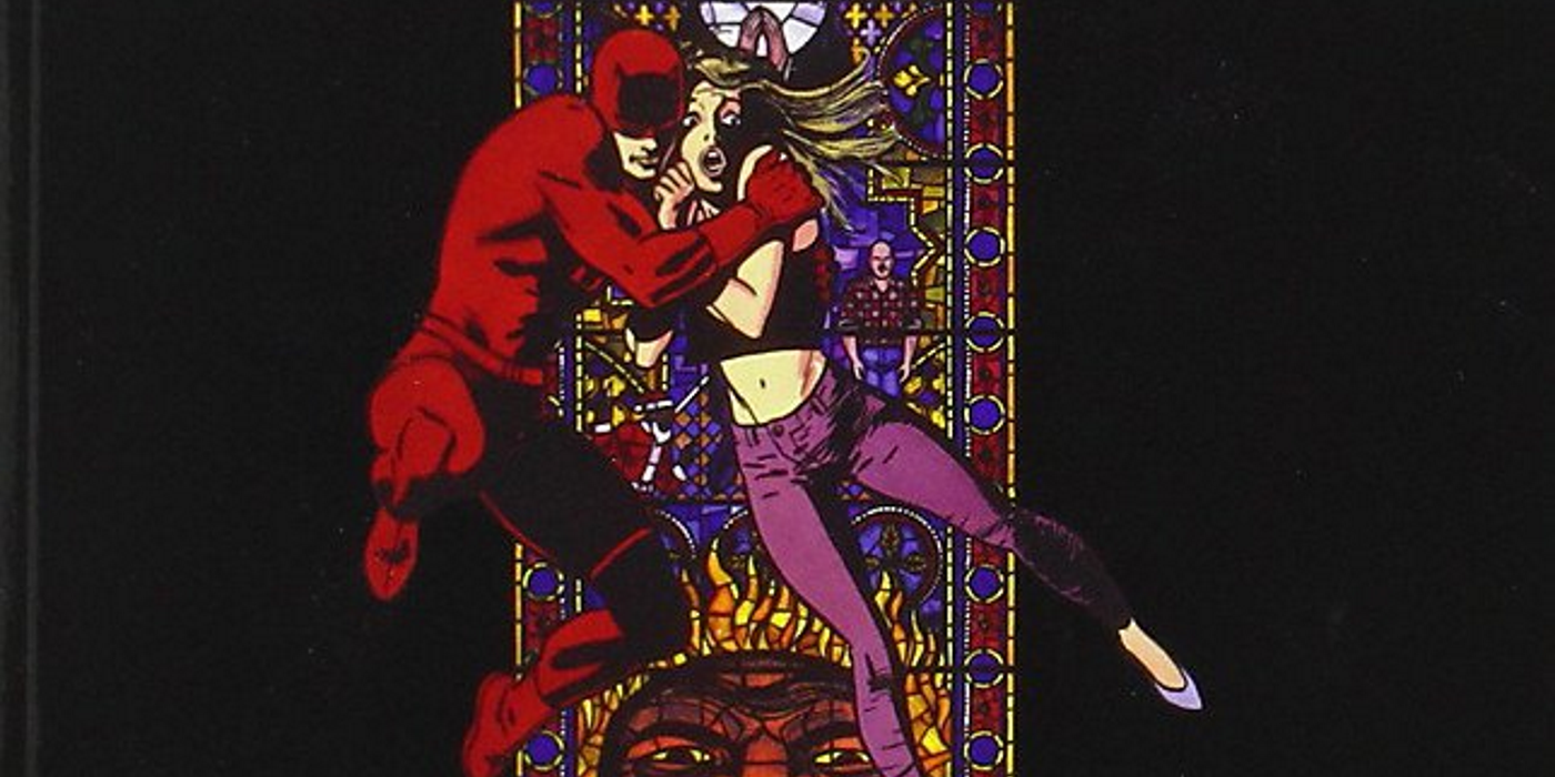 daredevil and a white woman in front of a stained glass window