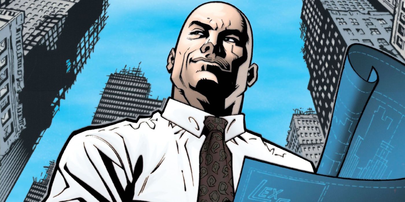 An image of Lex Luthor holding blueprints and smugly smiling in DC Comics