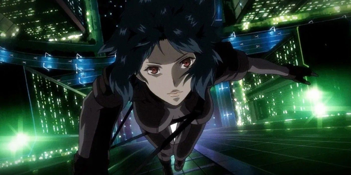 Motoko Kusanagi falling in style in Ghost in the Shell: Stand Alone Complex.