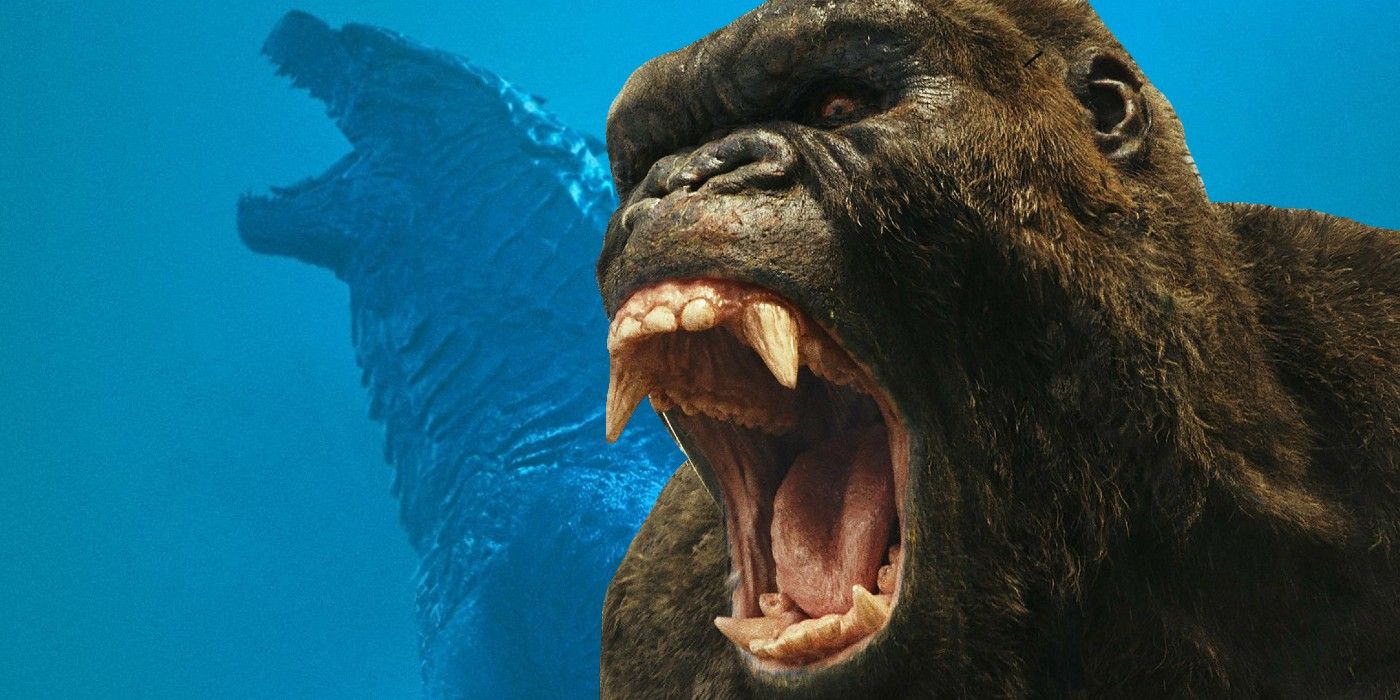 King Kong bearing his fangs in front of an image of Godzilla roaring from the MonsterVerse.