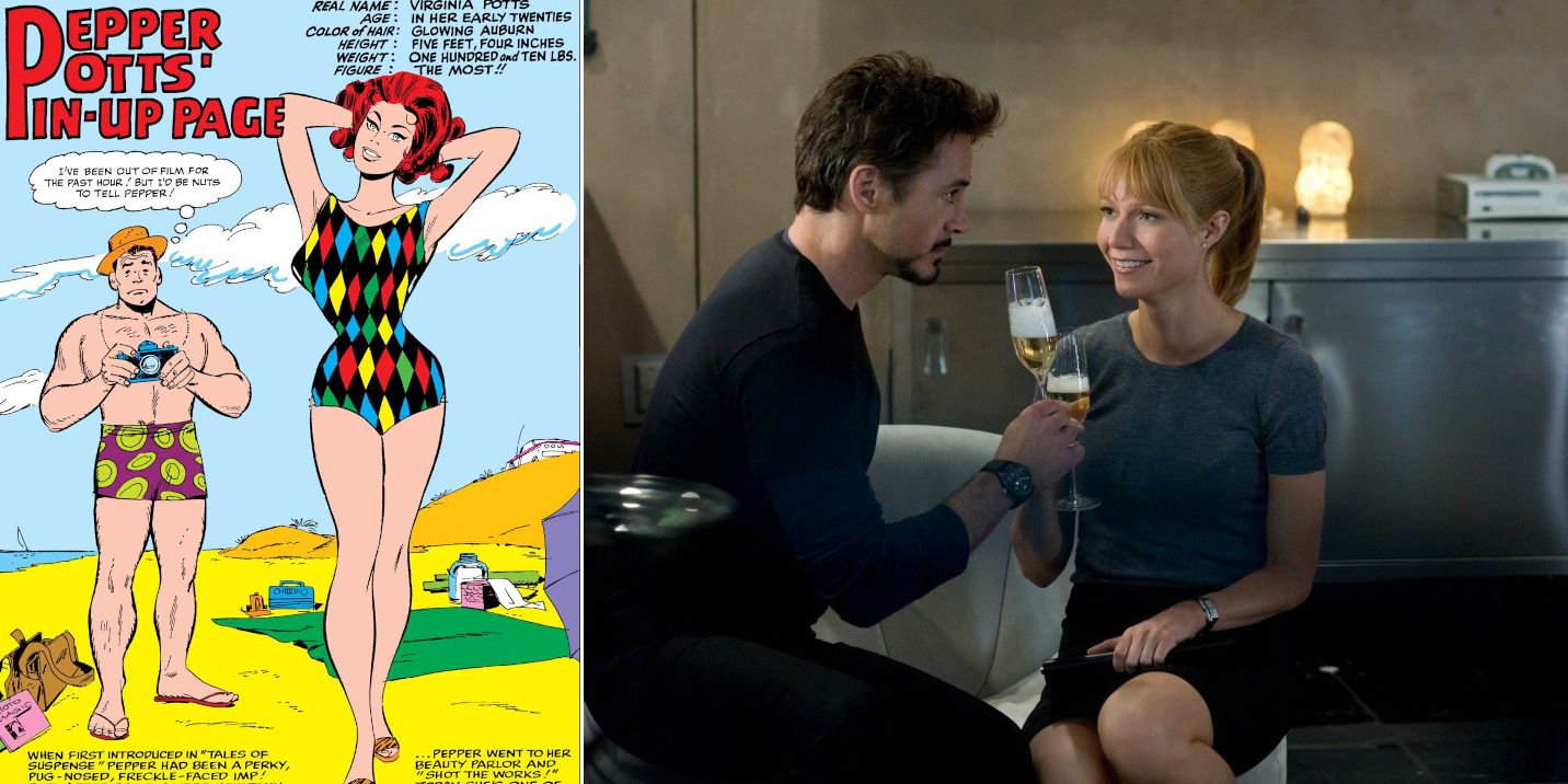 A split image of Happy Hogan photographing Pepper Pots in Marvel Comics and Tony Stark and Pepper in the MCU