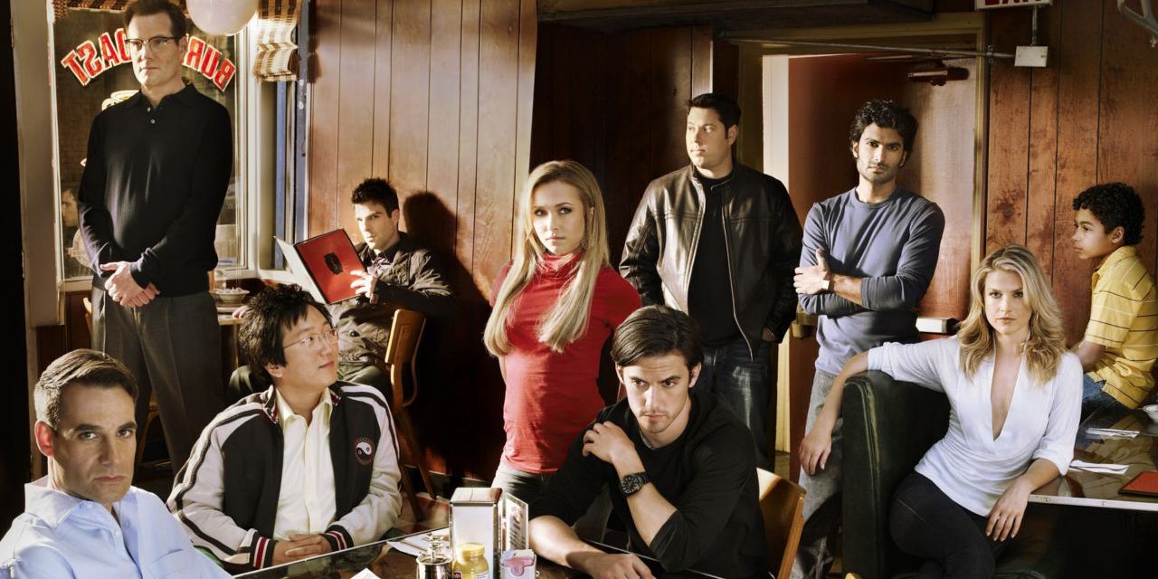 The cast of Heroes in a diner