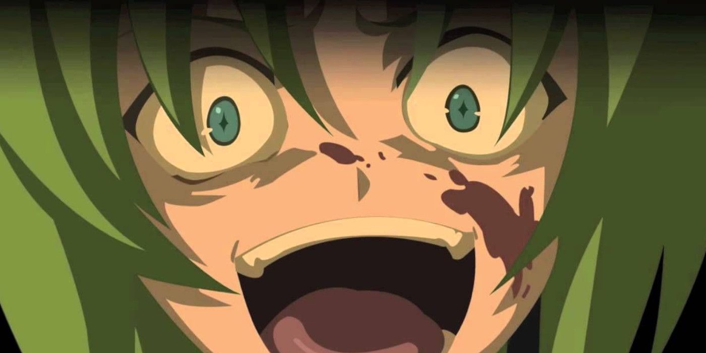 Anime Higurashi When They Cry mouth wide open with blood on face