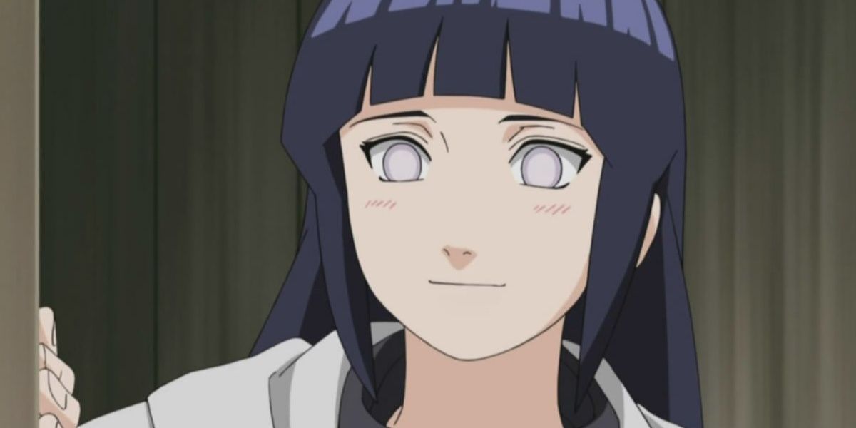 Hinata Hyuga smiles and blushes while standing in a doorway