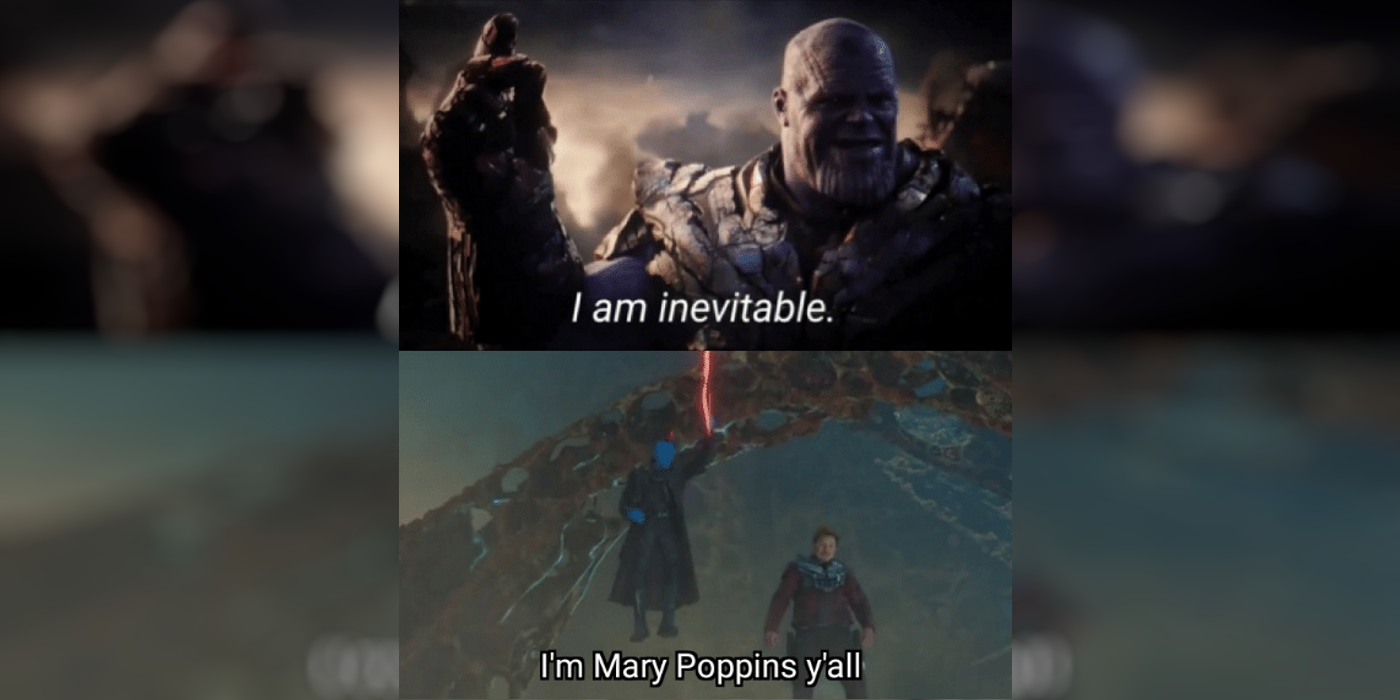 a meme of thanos and yondu challenging one another in a crossover meme