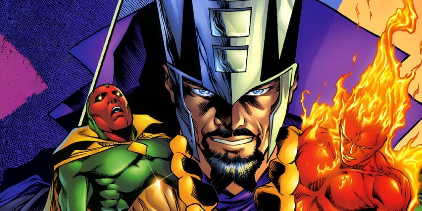 Immortus holding Vision and Human Torch in Marvel Comics