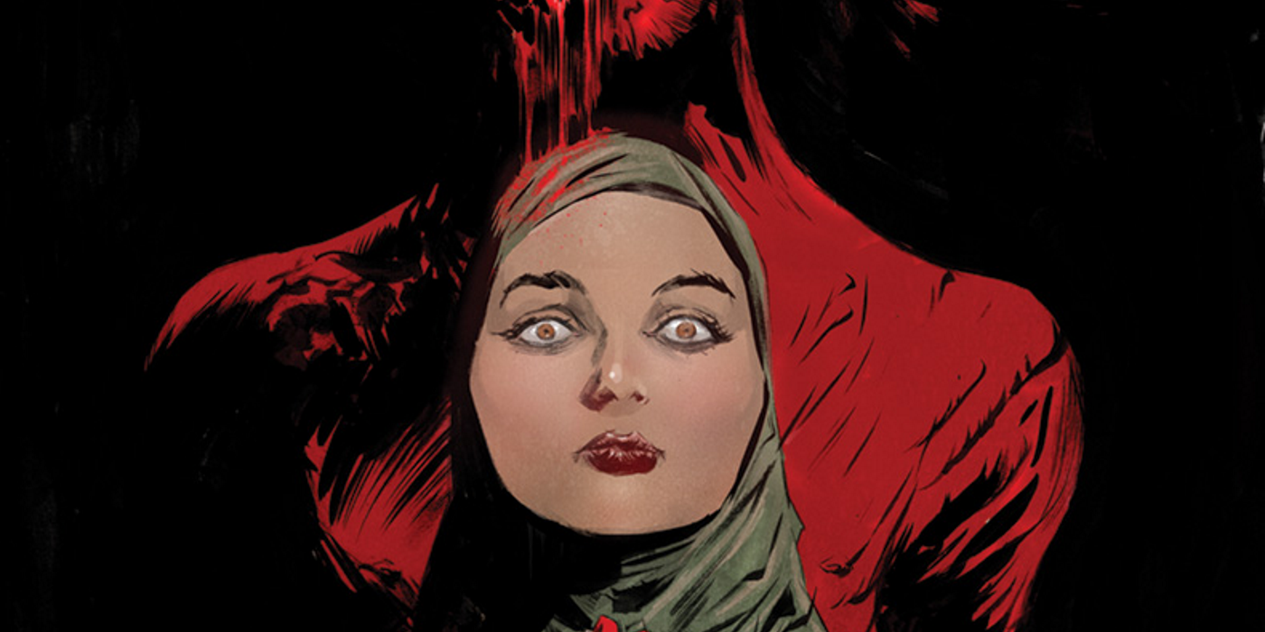 a frightened-looking young woman with a red ghoul behind her