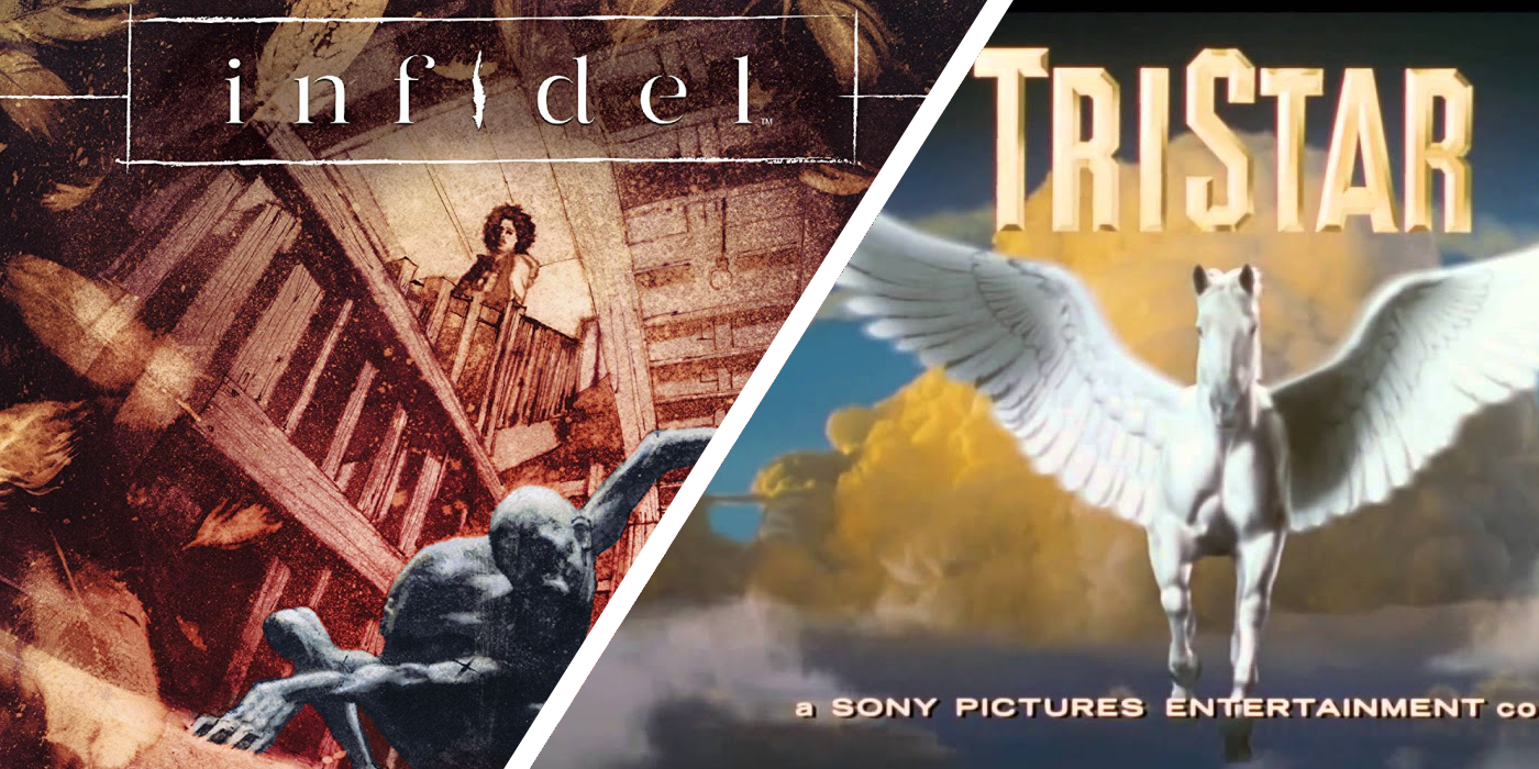 a split image of an infidel cover as well as the winged horse tristar logo