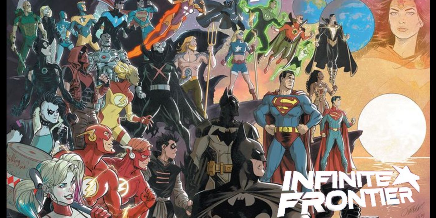 Un banner promocional de Infinite Frontier, destacando a los personajes principales del Universo DC Comics.