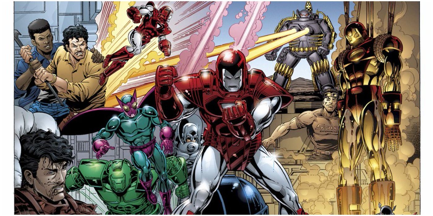 Iron Man Armor Wars composite image featuring numerous characters fighting