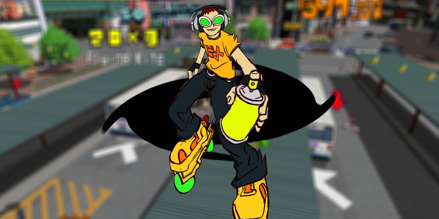 An image of the Jet Set Radio protagonist in front of part of the city in the game.