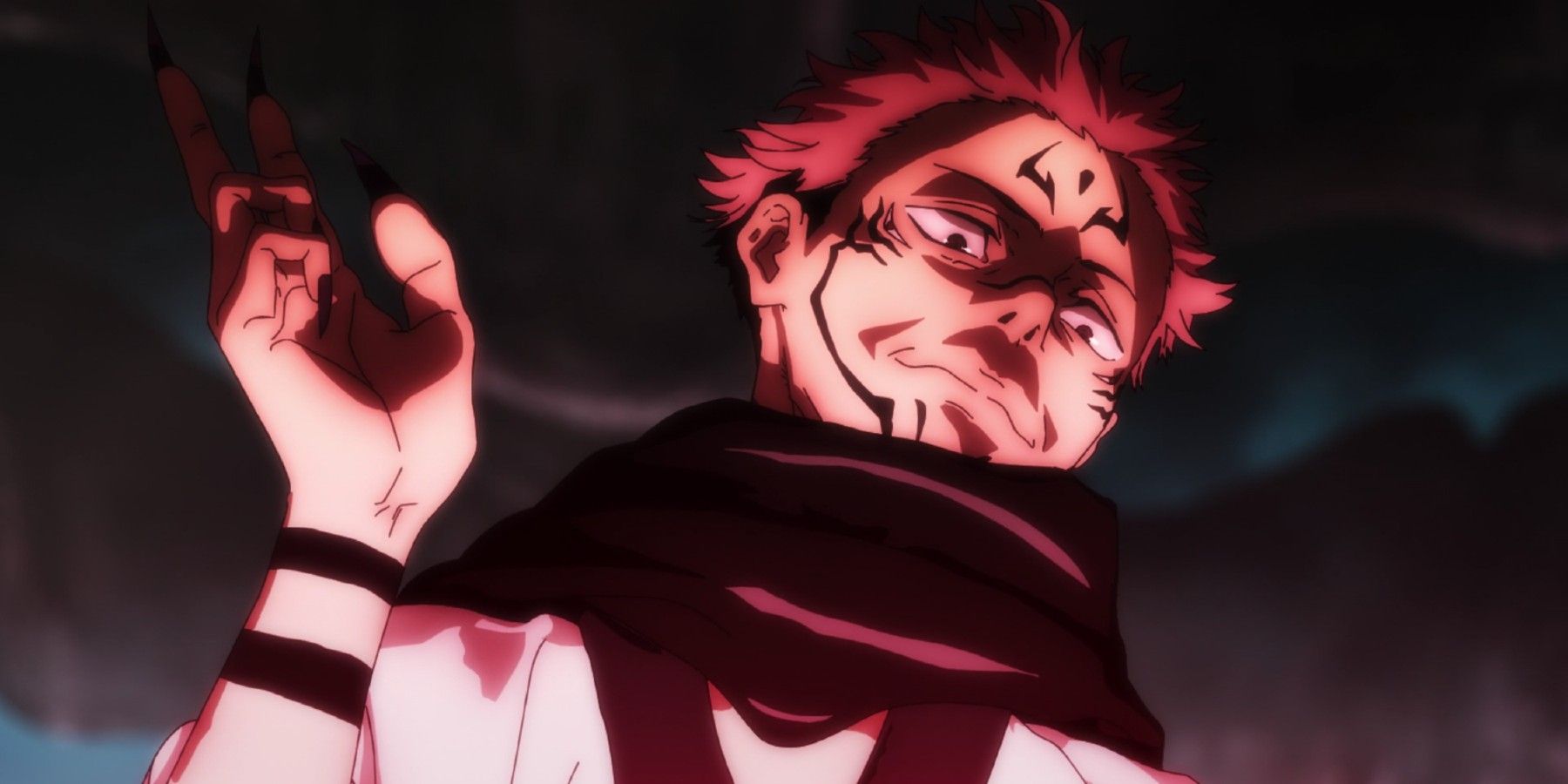 Ryomen Sukuna looking down with a smug expression on his face in Jujutsu Kaisen 