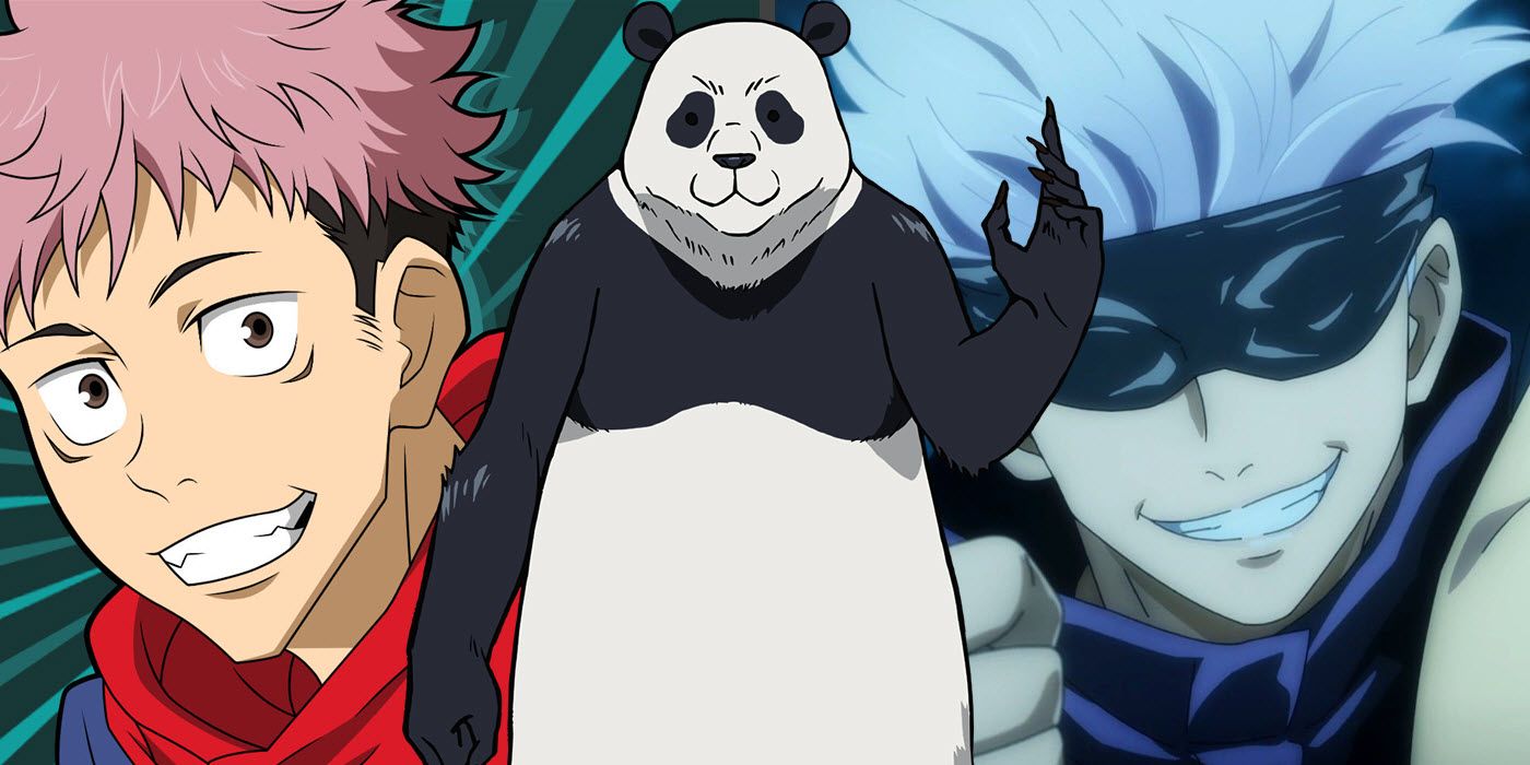 A split image of Jujutsu Kaisen characters: itadori, goujou, and panda