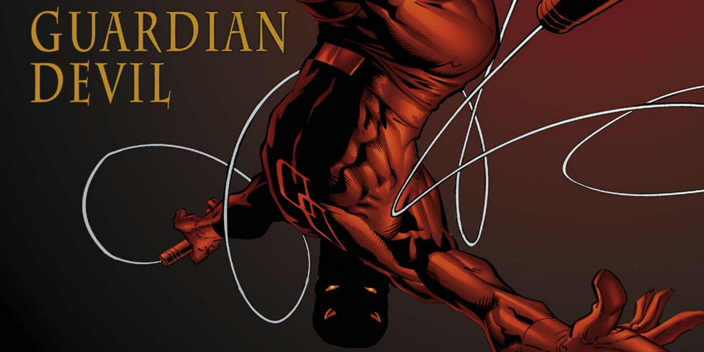daredevil upside-down wrapped in ropes, yellow text reading guardian devil