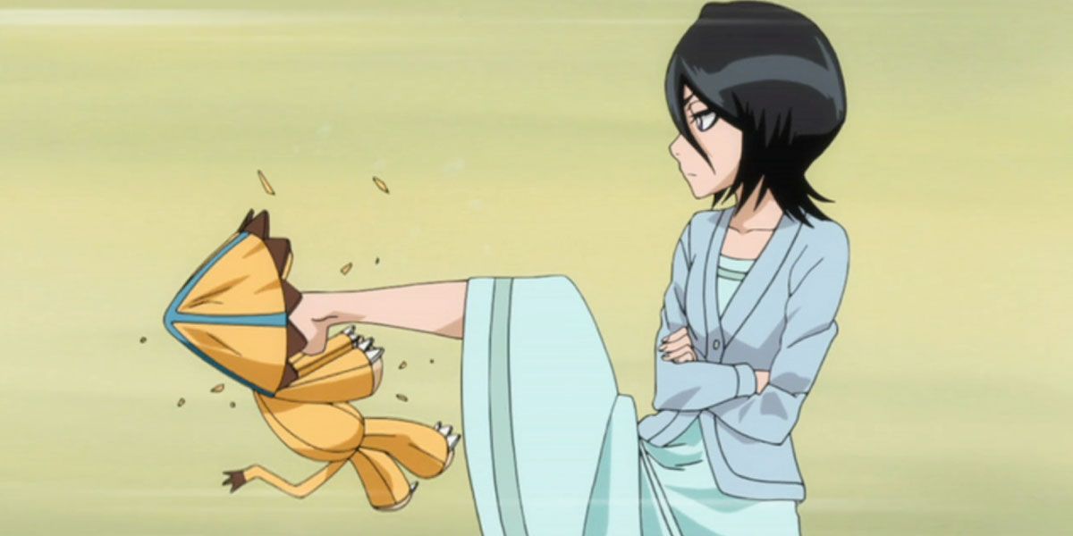 Rukia kicks Kon in the face