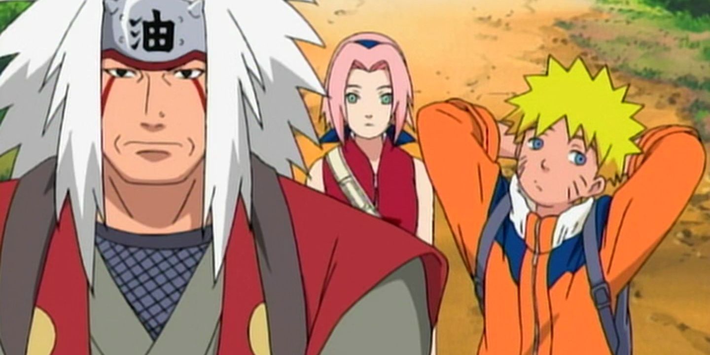 Naruto, Sakura, and Jiraiya during the Land Of Rice Fields Investigation Mission