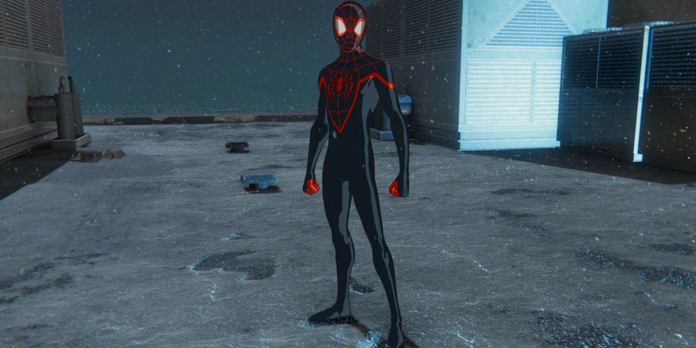 Miles standing on a rooftop in his Animated suit in Spider-Man: Miles Morales for the PlayStation