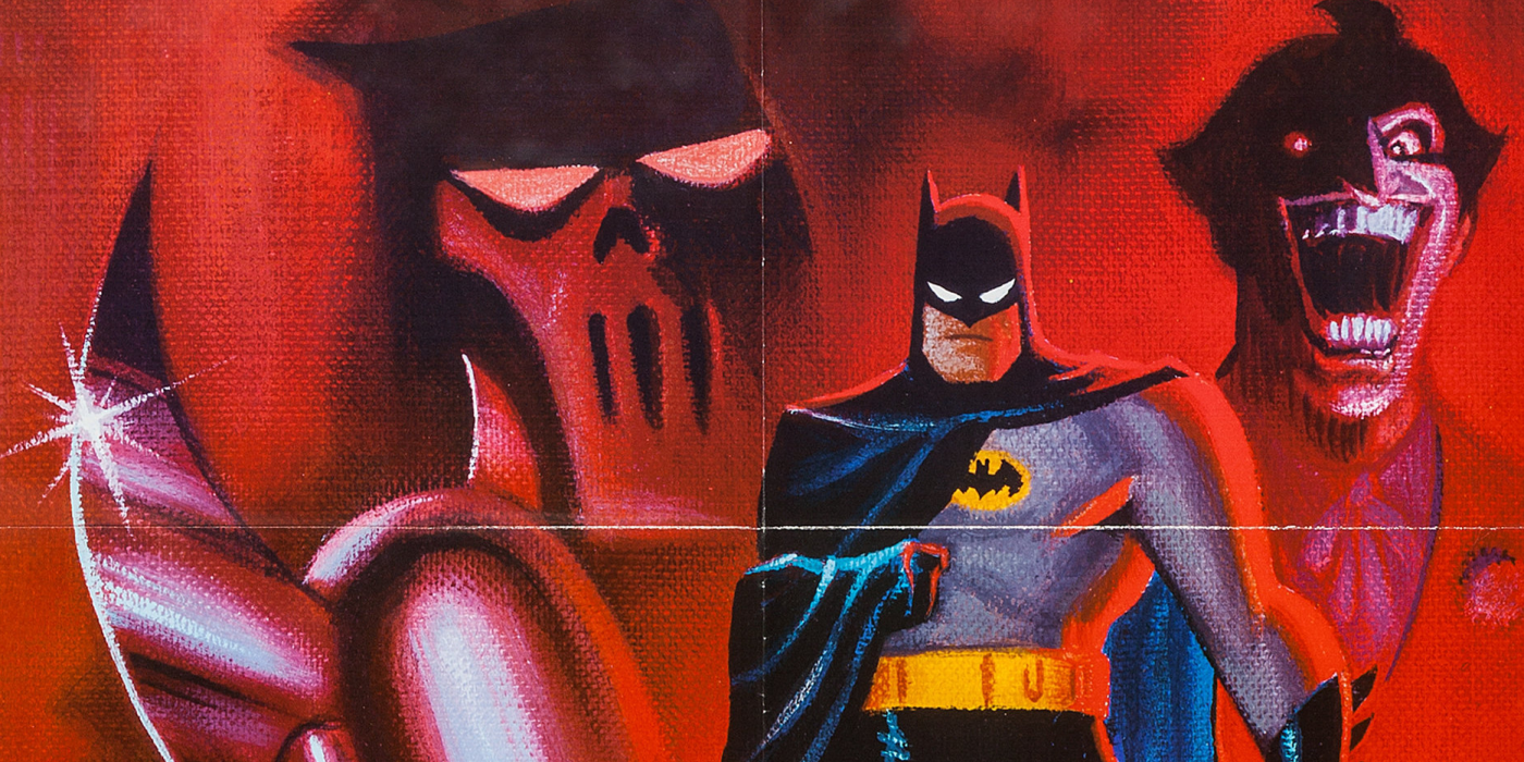 all red Batman poster with Batman in front and Joker and Phantasm behind him