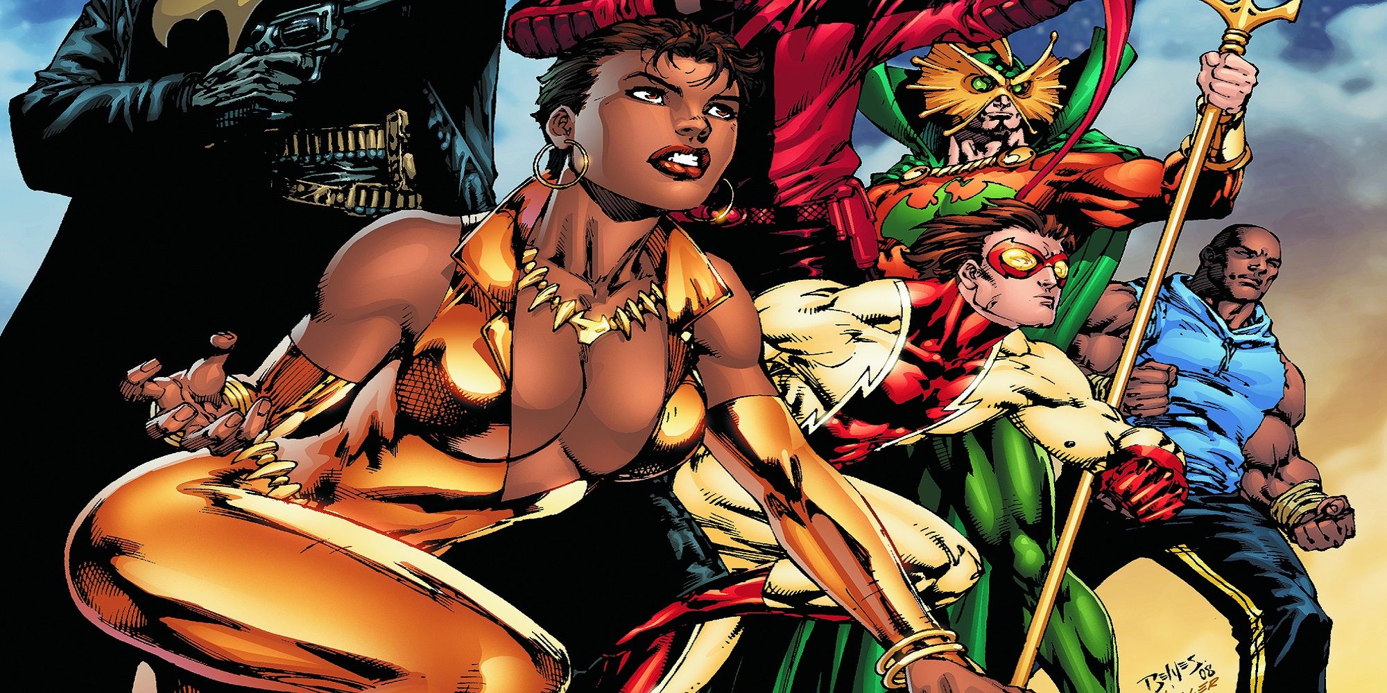 An image of McDuffie's Justice League, featuring Vixen, Impulse, and other DC Comics characters