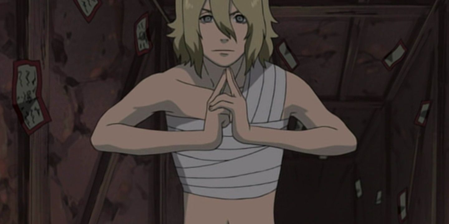 Memna wrapped in bandages in a mine in Naruto