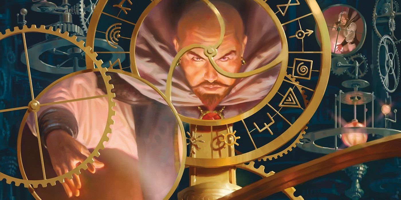The cover art for Mordenkainen's Tome of Foes, featuring the wizard Mordenkainen and an array of clockwork contraptions