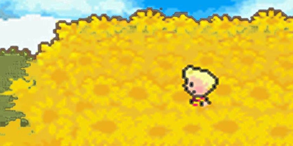 Lucas contemplates in a field of sunflowers in Mother 3.