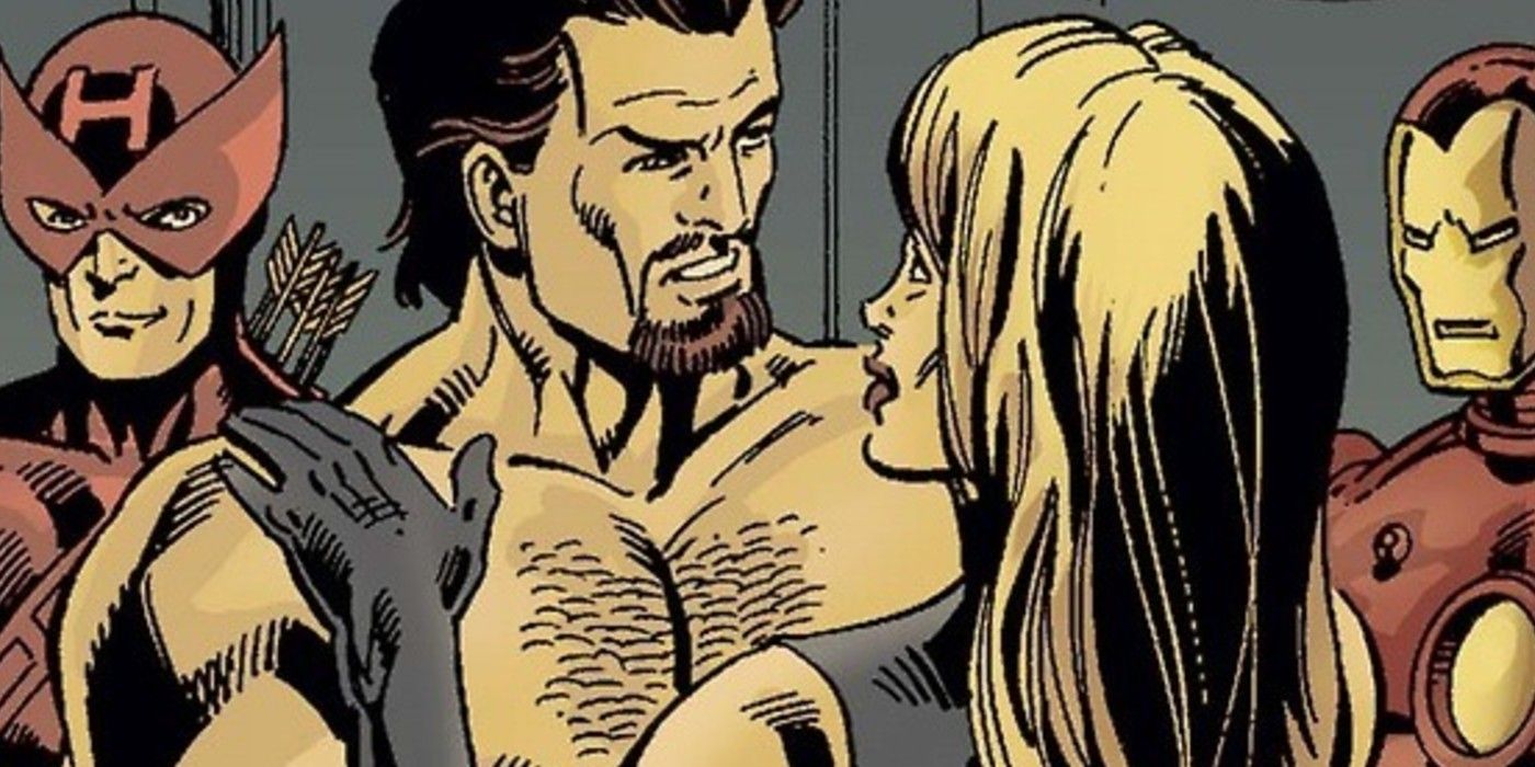 Ms Marvel and Marcus Immortus Holding each other in front of the Avengers