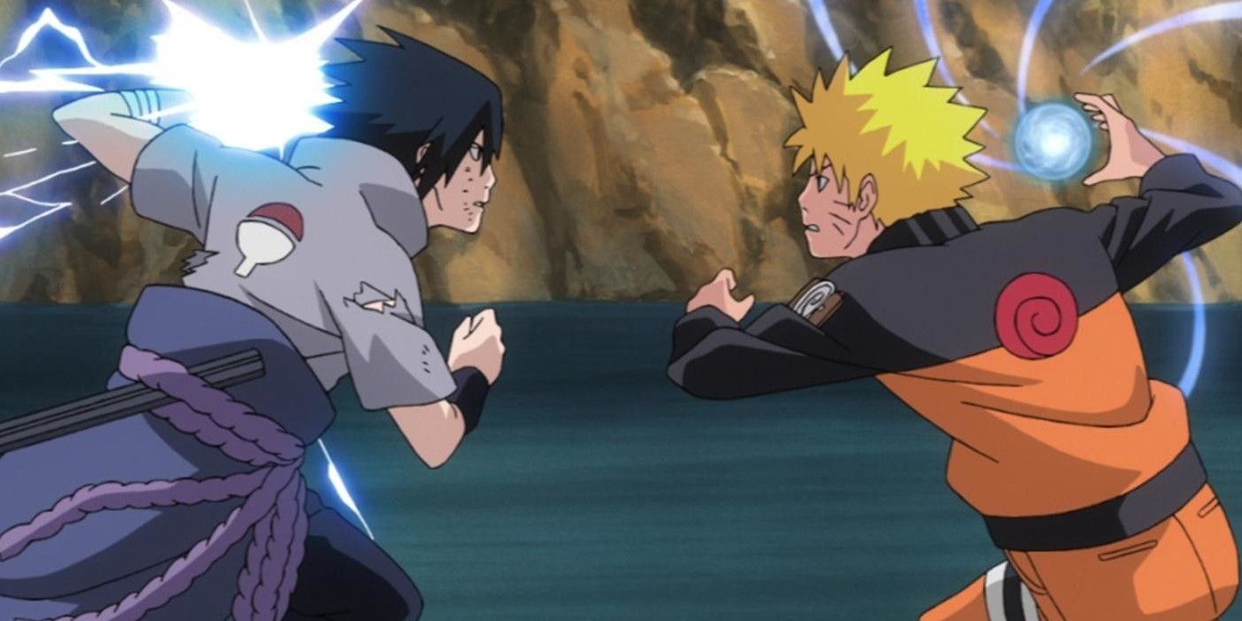 O Rasengan de Naruto versus o Chidori de Sasuke enquanto eles lutam.